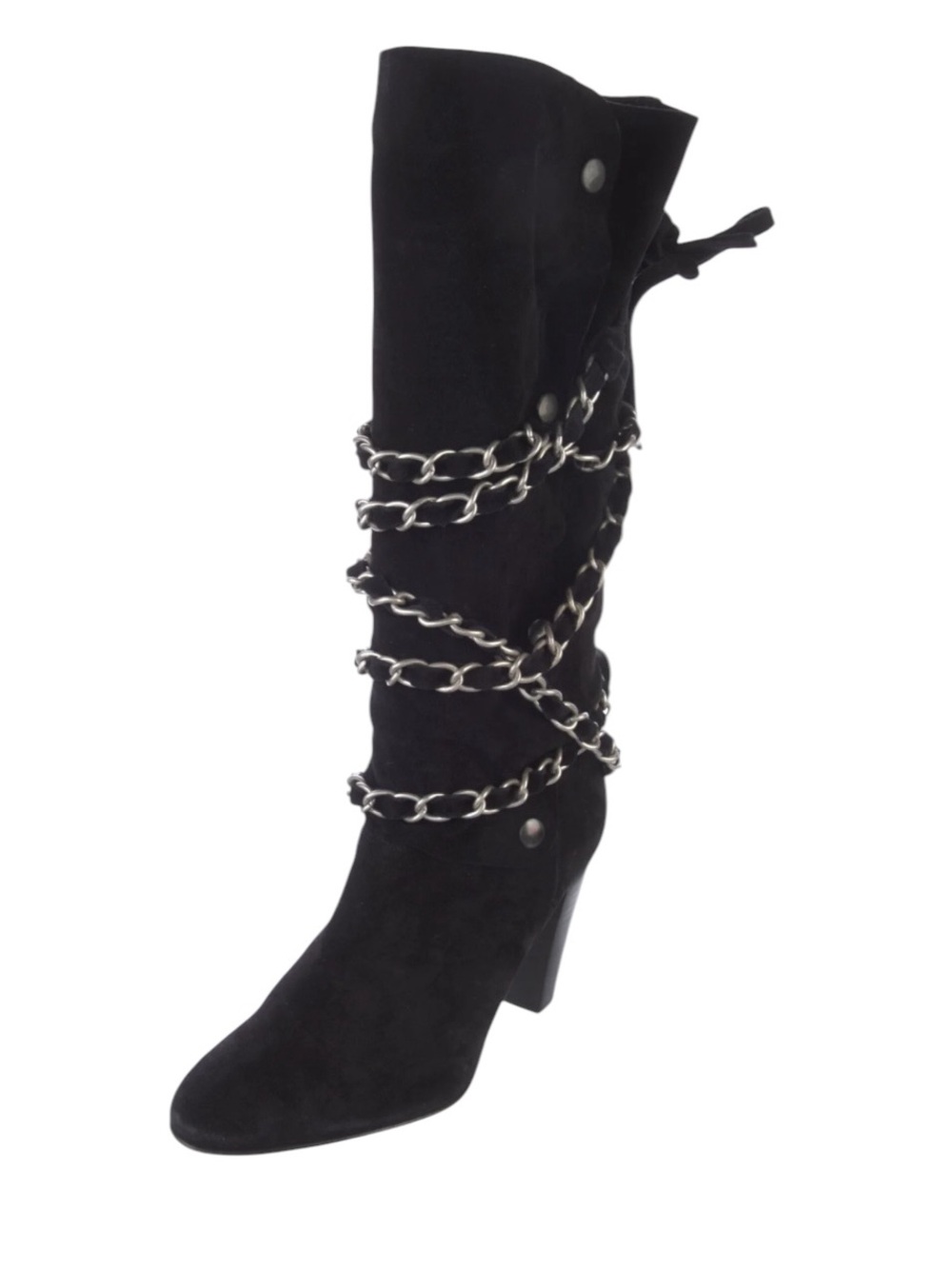 Isabel Marant Soono black suede snap closure high heel boots silver chain accent